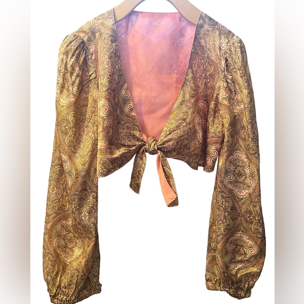 Vintage silk tie-front, pink paisley capelet or blouse